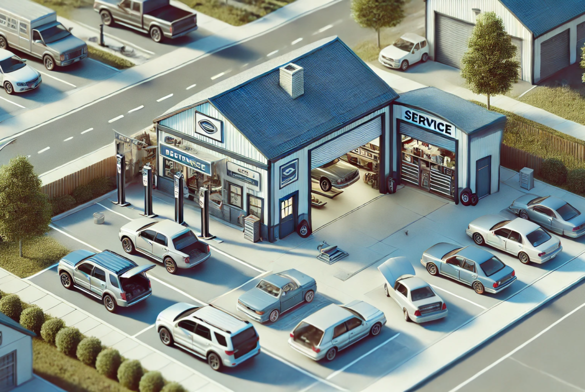 Dall·e 2025 01 23 12.14.12 A Detailed Image Of A Small Car Dealership Combined With An Attached Workshop. The Dealership Is Modest, Featuring A Few Cars Displayed Outside, A Sma