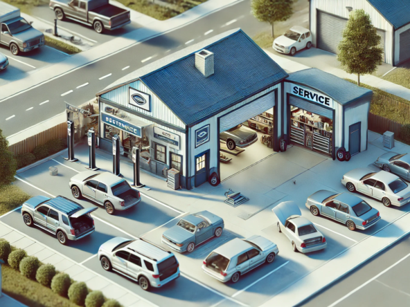 Dall·e 2025 01 23 12.14.12 A Detailed Image Of A Small Car Dealership Combined With An Attached Workshop. The Dealership Is Modest, Featuring A Few Cars Displayed Outside, A Sma