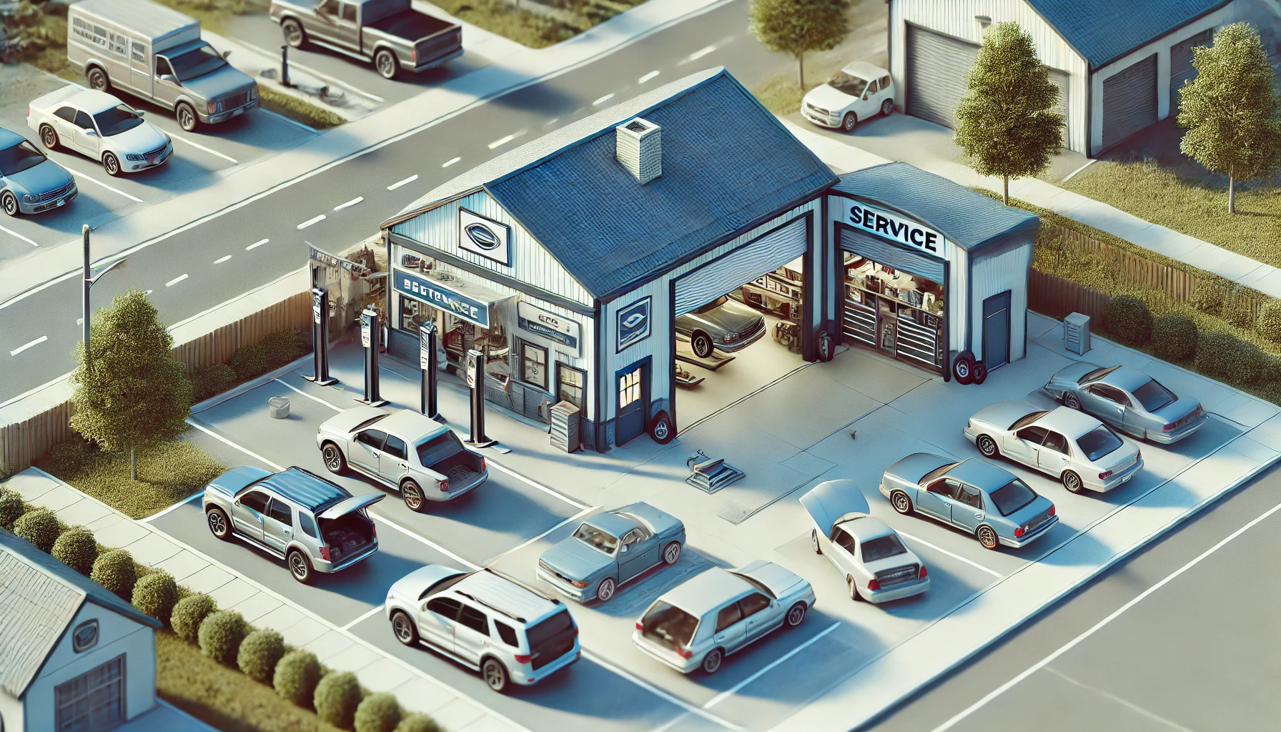 Dall·e 2025 01 23 12.14.12 A Detailed Image Of A Small Car Dealership Combined With An Attached Workshop. The Dealership Is Modest, Featuring A Few Cars Displayed Outside, A Sma